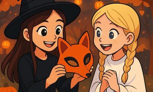 Una niña de 12 años, Lucía, con largos cabellos castaños y ojos llenos de curiosidad, lleva un disfraz de bruja negro y un sombrero puntiagudo. Sonríe con asombro, sosteniendo una hermosa máscara de zorro naranja en sus manos. A su lado, su mejor amiga Carla, también de 12 años, tiene trenzas rubias y lleva un disfraz de fantasma. Mira la máscara con admiración, los ojos brillantes de emoción. Al fondo, un parque iluminado por linternas de Halloween, con árboles de hojas doradas y calabazas sonrientes esparcidas por el suelo. La escena transmite un ambiente festivo y misterioso, mientras Lucía y Carla descubren el regalo misterioso dejado en la puerta de Lucía, rodeadas de risas y dulces.