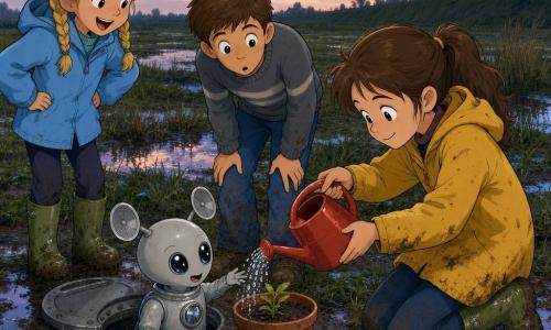 Er zijn vier personages: Noor, meisje ~9 jaar, bruin haar in staart, gele mosterdjas een beetje modderig, knielt naast een kleine pot aarde rechts van de pot en giet zacht water uit een rood plastic gieter bij een klein plantje; Mila, meisje ~8 jaar, blond in vlechten, lichtblauw jasje, groene rubberlaarzen, staat links iets terug, handen op heupen, lacht verwonderd naar het wezen dat uit de grond komt; Daan, jongen ~10 jaar, kort bruin haar, grijze gestreepte trui, modieuze jeans, staat achter Noor en iets links van de pot, voorovergebogen met handen op knieën, verrast en nieuwsgierig kijkend naar het wezen en de gieter; en het buitenaardse wezentje Ploem, ter grootte van een grote hamster in een lichtgrijs rond metalen pak, zachte grijzige huid, twee grote oor‑antennes, glanzende ronde ogen, komt tevoorschijn uit een klein rond luik in het gras naast de pot en reikt voorzichtig naar de gieter met een klein spiegelapparaat op de borst. Locatie: een zeer nat weiland na de regen met glanzend donkergroen gras, kleine reflecterende plassen, bruine rietbosjes, modderige grond met sporen, een laag dijkje en vage huisjes in de verte; hoofdscene: eerste ontmoeting — Noor giet water terwijl Ploem uit het luik komt en zich schuchter naar de gieter beweegt, Mila en Daan kijken toe; sfeer nieuwsgierig en vrolijk, nadruk op texturen: fonkelende waterdruppels, nat gras, kleverige modder, mat metaal van Ploem en reflecties in plassen.