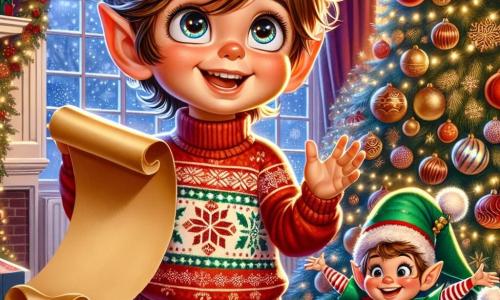Un bambino di 3 anni, Leo, con capelli castani disordinati e grandi occhi brillanti di curiosità, si trova al centro della scena, sorridendo con meraviglia. Indossa un maglione rosso con motivi di fiocchi di neve e pantaloni di velluto blu. Leo tiene in mano una pergamena dorata, la lista dei desideri di Natale, e guarda con eccitazione un elfo.

L'elfo, di nome Elfy, è un personaggio gioioso con orecchie a punta, un cappello verde con pompon e un sorriso radioso. È leggermente più basso di Leo e salta di gioia accanto a lui, con le braccia alzate verso il cielo.

La scena si svolge in una calda stanza decorata per Natale, con luci scintillanti appese alle pareti, un maestoso albero di Natale ornato di palle colorate e ghirlande dorate, e regali ben impacchettati ai piedi dell'albero. La luce soffusa di una lampada crea un'atmosfera magica e accogliente.

La situazione principale mostra Leo ed Elfy, entrambi pieni di gioia, mentre scoprono insieme la lista dei desideri di Natale nella stanza, pronti a salvare la magia del Natale.
