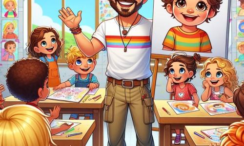 Un uomo sorridente, Marco, di circa 35 anni, con capelli castani e una barba ben curata, si trova al centro della scena, circondato da bambini. Indossa una maglietta colorata e pantaloni di tela, e appare caloroso e coinvolgente, tenendo in mano una grande foto di un bambino sorridente. Alla sua destra, una ragazza di nome Sofia, di 8 anni, con capelli biondi e occhi brillanti, alza la mano con entusiasmo, pronta a fare una domanda. Alla sua sinistra, un ragazzo di nome Luca, di 7 anni, con capelli castani e uno sguardo curioso, guarda Marco con ammirazione, tenendo in mano una piccola palla da calcio. La scena si svolge in un'aula luminosa, con pareti decorate da disegni di bambini e finestre che lasciano entrare la luce del sole. I tavoli di legno sono disposti a semicerchio, e matite colorate sono sparse sui banchi. La situazione principale mostra Marco mentre racconta storie di bambini che vivono in zone di guerra, mentre i bambini lo ascoltano attentamente, catturati dalle sue parole e immaginando un mondo di pace.