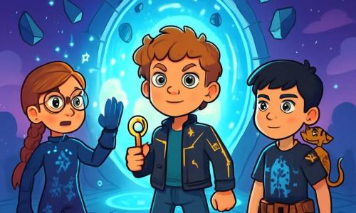 Ci sono 3 personaggi: - Leo: un ragazzo di 12 anni con capelli ricci e occhi verdi brillanti. Indossa una giacca di pelle decorata con circuiti luminosi e tiene una chiave d'oro in mano. Si trova al centro, guardando con determinazione il portale magico. - Maya: una ragazza di 11 anni con una lunga treccia rosso vivo e occhiali rotondi. Indossa una tuta futuristica con motivi di fiori scintillanti. È a sinistra di Leo, sollevando il suo guanto magico che brilla di energia. - Sami: un ragazzo di 12 anni con capelli neri e occhi scuri. Indossa una maglietta con motivi di robot e una cintura di attrezzi. Si trova a destra di Leo, tenendo una piccola lucertola metallica sulla spalla, osservando attentamente il portale. La scena principale si svolge in una piazza circolare circondata da pietre luminose, con un grande portale olografico al centro. Il cielo è viola, punteggiato di stelle scintillanti e nuvole luminose. Frammenti di tempo fluttuano attorno a loro, creando un'atmosfera magica e futuristica. La situazione principale della storia mostra Leo, Maya e Sami uniti davanti al portale, pronti ad affrontare la Frattura del Tempo. Concentrano i loro poteri, mescolando magia e scienza, mentre una luce splendente emana dal portale, illuminando i loro volti determinati.