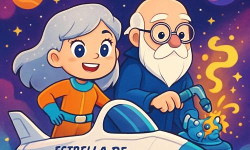 Luna, una joven con cabello plateado brillante y ojos que resplandecen como estrellas, se encuentra orgullosamente a bordo de su nave espacial, la Estrella de Cristal. Muestra una sonrisa decidida y alegre, lista para ayudar a las estrellas en apuros. A su lado, el Maestro Visor, un hombre de unos 50 años con una larga barba blanca y gafas redondas, manipula herramientas futuristas, concentrado en crear una máquina que une la ciencia y la magia. El paisaje es una vasta galaxia, llena de nebulosas coloridas y estrellas brillantes, con planetas de tonos vibrantes de fondo. La nave espacial brilla bajo la luz de las estrellas, rodeada de una suave bruma mágica. Luna y el Maestro Visor trabajan juntos para unir sus talentos, buscando traer paz entre los reinos de la ciencia y la magia, mientras destellos de luz y colores bailan a su alrededor, simbolizando la esperanza y la armonía.