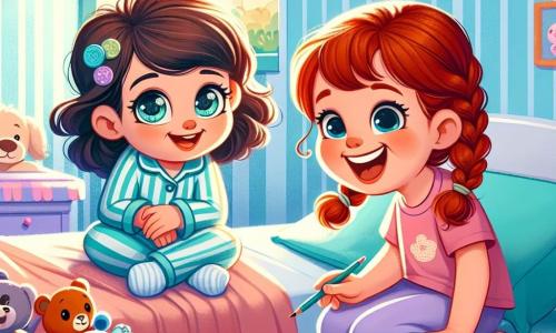 A 6-year-old girl with long brown hair and sparkling curious eyes is sitting on a hospital bed. She is wearing a blue and yellow striped pajamas, and her face radiates joy with a big smile. Next to her, a 6-year-old girl with red hair in braids, dressed in a pink t-shirt, is drawing on a piece of paper while laughing. Their room is bright, with pastel blue walls decorated with colorful animal drawings. Stuffed toys are scattered around them, and a large window lets in sunlight, illuminating the room. In this scene, the two girls share a moment of happiness, playing together and creating an imaginary world, surrounded by bright colors and a warm atmosphere.