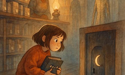 A determined but slightly anxious 12-year-old girl named Mina, round-faced with freckles and chestnut bobbed hair, clutches a worn black book with cardboard teeth to her chest; wearing an oversized rust sweater, faded blue jeans and dusty sneakers, she crouches before a small dark wooden door with a crescent-shaped lock. Nearby a tired, gentle-looking mother in her mid-30s with her hair in a bun watches Mina with concern and tenderness from behind the counter. A thin, faceless figure called the Editor—made of stitched pages and a shadowy hood with parchment textures—stands motionless between the shelves at the back of the aisle. The setting is an old bookshop-workshop lit by oil lamps casting warm light and long shadows, wooden shelves full of paper-covered books with string price tags and floating ink dust. The small door is set in a cracked wooden panel; the crescent keyhole glows with a pale moonlight and a thin line of folded paper lies like a barrier across the creaky floorboards. Mina extends the black book toward the door as it parts, revealing a corridor of pages and cold light; her shadow stretches behind her but stops just behind the line of paper.