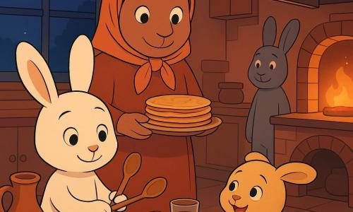 Momo, ein kleiner weißer Hase mit runden sanften Augen, lächelt ruhig und hält zwei Holzlöffel, mit denen er leise klopft; Sami, sein beiger kleiner Bruder, sitzt auf dem Boden, zählt bunte Perlen und schaut bewundernd zu ihm; die Mutter, eine braune Häsin mit leichtem Kopftuch, hält wohlwollend einen Teller mit heißen Pfannkuchen nahe dem glänzenden Ofen; der Vater, ein großer grauer Hase mit sanfter Stimme, steht lächelnd in der Tür, vom Flurlicht beleuchtet; die Küche ist warm und intim mit abgenutztem Holztisch und gemusterter Tischdecke, Tongefäß, Fenster mit einer papiernen Sternlaterne und dem sichtbaren Mondsichel; auf dem Tisch eine kleine Schale Datteln und ein Glas Wasser, Dampf steigt von den Pfannkuchen auf; die Familie sitzt vereint und friedlich zusammen zum Sonnenuntergangsmahl (Iftar), in einer sanften Atmosphäre mit warmen Orange- und Nachtblau-Tönen, gedämpftem Licht, klaren Schatten im Cel-Shading-Stil.