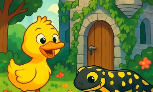 A little duck named Pip, with bright yellow feathers and a joyful smile, stands at the edge of an old ivy-covered castle. His eyes shine with excitement and curiosity as he looks at an ancient wooden door, ready to open. Beside him, a salamander with black and yellow scales named Lila, with mischievous eyes, gently digs the ground with her small paw, searching for hidden treasure. The castle, surrounded by lush trees and colorful flowers, features gray stone towers and arched windows, creating a magical and mysterious atmosphere. In this scene, Pip and Lila are about to discover a secret garden filled with small clocks, symbolizing the treasure of time, while rays of sunlight filter through the leaves, illuminating their adventure.