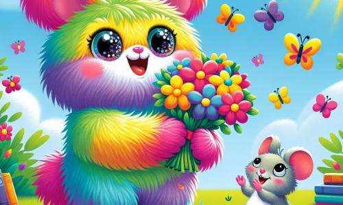 In einem sonnigen Garten steht ein kleiner, bunter Wuschel namens Pipp mit seinem schimmernden, regenbogenfarbenen Fell und großen, freudestrahlenden Augen. Er hält einen Strauß leuchtender Blumen in seinen kleinen Pfoten und lächelt begeistert. Neben ihm applaudiert Mimi, eine kleine graue Maus mit großen Ohren und schelmischen Augen, voller Freude und Ermutigung. Der Garten ist gefüllt mit strahlenden Blumen, flatternden Schmetterlingen und einem klaren blauen Himmel, was eine fröhliche und festliche Atmosphäre schafft. Pipp ist bereit, ein berührendes Gedicht für seinen Papa zu lesen, der in einem bequemen Sessel sitzt, umgeben von Büchern, und darauf wartet, den Vatertag mit Liebe und Freude zu feiern.