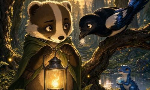 Een jonge antropomorfe das (Puk) met bruin-witte vacht, ronde zachte ogen en een verlegen maar vastberaden blik houdt een kleine metalen lantaarn waarin een warme gouden vlam (het Lichthart) zweeft; het licht streelt zijn snuit en laat zijn snorharen glanzen. Een ondeugende zwarte ekster (Kiri) met blauwachtige glans op de vleugels, speelse ogen en zachte glimlach zit op een nabijgelegen wortel en buigt zich naar Puk met een donzige veer aan haar snavel. Een kleine glanzende blauwe salamander (Sif) met kalme ogen zit bij een reflecterende poel op de achtergrond en houdt een doorzichtige glazen parel tussen haar pootjes. De scène speelt zich af in een mos- en varenbeklede open plek met knoestige boomstammen, gouden lichtstralen, zwevende glimwormen en een oude donkere toren in de verte; Puk heeft net het Lichthart aangestoken, de vlam verlicht de gezichten, verjaagt zacht de grauwheid en werpt lange zachte schaduwen, sfeer van rustige hoop en gedeelde vriendschap.