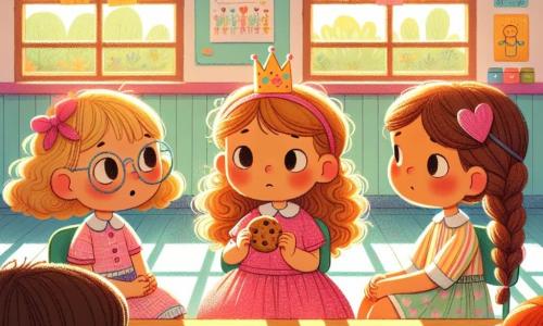 In a colorful classroom, three little girls are gathered around a table. Lucy, a 6-year-old with curly brown hair and round glasses, wears a pink polka-dot dress and holds a cookie in her hand, looking a bit guilty. Mia, another 6-year-old with braided blonde hair and a paper crown, sits next to her with crossed arms and a surprised expression. Emma, a 6-year-old with red hair and heart-shaped glasses, stands behind Lucy, looking concerned and talking to her softly. The classroom is decorated with colorful drawings on the walls, with sunlight streaming through the windows and wooden tables where other children are playing in the background. The main situation shows Lucy, Mia, and Emma discussing the importance of telling the truth after Lucy confessed to taking a cookie that didn't belong to her. Their facial expressions reflect surprise, concern, and understanding, illustrating the theme of lying and honesty.