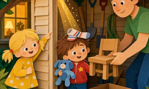 Een blije, geconcentreerde jongen van 4 jaar met rond gezicht en lichte sproetjes, warrig bruin haar, rode jas met ster en een sok op het hoofd als hoed, houdt tegen zich aan een net teruggevonden zacht blauw knuffeldier; achter hem links staat het meisje van ongeveer 5 jaar (Anna), ondeugend glimlachend met blonde staartjes en gele jurk met stippen, ze wijst naar een hoek van het tuinhuisje; iets achter rechts helpt een volwassen vader met kort haar en groen T‑shirt de jongen door een stoel aan te reiken; de moeder is niet zichtbaar maar er komt warm licht uit een woonkamerraam achter het schuurtje; de plek is een licht houten tuinhuisje met zichtbare planken, een kartonnen doos op de grond, gereedschap aan de muur en zonlicht dat door een kier valt en gouden stofdeeltjes doet dansen; hoofdmoment: ontdekking — de jongen vindt zijn blauwe knuffel achter een doos, plotselinge blijdschap, warme veilige sfeer, felle kleuren, papierachtige texturen, duidelijke contouren en eenvoudige, kindvriendelijke compositie.