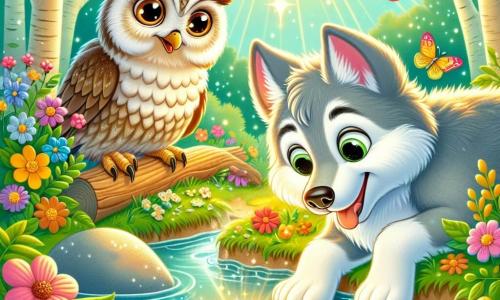 A gentle and friendly wolf named Wally, with soft light gray fur and curious bright eyes, leans over a sparkling stream, a joyful smile on his face. Next to him, a wise owl with brown feathers and large round eyes flies gently, watching Wally kindly. The stream is surrounded by colorful flowers with vibrant petals, and sunlight filters through the leaves of lush trees. In this magical scene, Wally discovers a shiny stone in the water, illuminated by sunlight, while butterflies dance around, adding a touch of joy to the enchanted atmosphere.