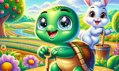 Tico, a tartaruga, está no centro da imagem, com uma carapaça verde brilhante e olhos cheios de excitação. Ele cava o solo com suas pequenas patas, sorrindo, cercado de terra e sementes. Ao lado dele, Lila, a coelhinha de grandes orelhas, salta alegremente, seu pelo branco brilhando ao sol, com um olhar entusiasmado. Ela segura uma pequena pá de madeira, pronta para ajudar. O cenário é uma linda fazenda ensolarada, com campos de flores coloridas, árvores frutíferas ao fundo e um céu azul com nuvens brancas. Ao longe, vê-se uma floresta verdejante, onde alguns pássaros voam felizes. A cena mostra Tico e Lila plantando sementes, simbolizando seu compromisso em proteger a natureza.