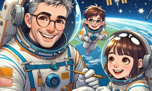 Ein Mann namens Herr Sternenstaub steht im Mittelpunkt des Bildes, gekleidet in einen glänzenden und bunten Astronautenanzug, mit einem breiten Lächeln im Gesicht. Seine Haare sind grau und leicht zerzaust, und seine Augen strahlen vor Neugier. Er repariert ein Solarpanel auf der Oberfläche der Internationalen Raumstation (ISS), während Werkzeuge um ihn herum schweben. Neben ihm schwebt ein etwa 8-jähriges Mädchen namens Mia fröhlich, trägt einen kleinen Astronautenhelm und einen kindgerechten Anzug. Sie schaut bewundernd zu Herr Sternenstaub und hält eine Sternenkarte in den Händen. Ein Junge namens Tim, ebenfalls 8 Jahre alt, steht direkt hinter ihnen, mit einem konzentrierten Blick, hält ein Werkzeug und ist bereit zu helfen. Er hat braune Haare und eine Brille, die etwas auf seiner Nase rutscht. Die Szene spielt sich im unendlichen Kosmos ab, mit der blauen und grünen Erde im Hintergrund, umgeben von funkelnden Sternen. Die Internationale Raumstation ist detailliert zu sehen, mit ausgefahrenen Solarpanels und glänzenden Modulen, die majestätisch im Raum schweben. Die Hauptsituation zeigt Herr Sternenstaub und die Kinder, die zusammenarbeiten, um das Solarpanel zu reparieren, was den Teamgeist und das Weltraumabenteuer verdeutlicht, mit schwebenden und leichten Elementen, die die Magie des Weltraums einfangen.