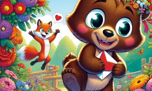 Bruno, ein junger Braunbär mit funkelnden Augen und weichem Fell, steht fröhlich vor einem großen Strauß bunter Blumen und lächelt strahlend. In seinen Pfoten hält er einen kleinen roten Umschlag, sein Herz überquillt vor Aufregung und Neugier. Neben ihm springt Mia, ein kleines Eichhörnchen mit leuchtend rotem Fell und schelmischen Augen, vor Freude in die Luft, bereit, ihrem Freund bei diesem Abenteuer zu helfen. Ihre Freundin Lila, eine Fähe mit strahlend orangefarbenem Fell und glänzenden Augen, steht etwas weiter weg mit einem überraschten und bewundernden Blick und beobachtet den Blumenstrauß. Sie ist neugierig und wartet gespannt darauf, die Überraschung zu entdecken, die ihre Freunde für sie vorbereitet haben. Die Szene spielt im Honigwald, einem zauberhaften Ort voller bunter Blumen, majestätischer Bäume und Sonnenstrahlen, die durch das Laub filtern und eine warme, fröhliche Atmosphäre schaffen. Bruno und Mia bereiten eine Schatzsuche für Lila vor, mit versteckten Hinweisen zwischen den Blumen, und die Aufregung ist spürbar, während sie sich darauf vorbereiten, ihre Überraschung zum Valentinstag zu enthüllen.
