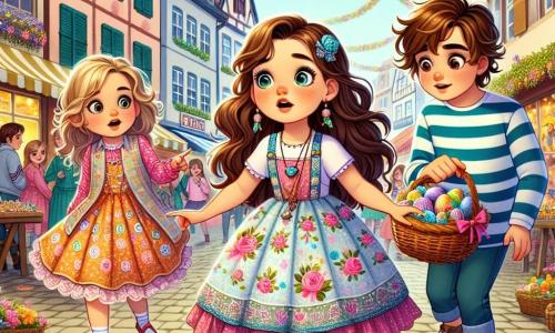 Ein 12-jähriges Mädchen, Lena, mit langen braunen Haaren und funkelnden Augen, steht im Mittelpunkt des Bildes und zeigt einen Ausdruck von Überraschung und Entschlossenheit. Sie trägt ein buntes Kleid mit floralen Mustern und hält einen großen Korb aus Weide, der mit Schokoladen und Ostereiern gefüllt ist. Neben ihr schaut ihr Freund Tim, ein 12-jähriger Junge mit zerzausten blonden Haaren und einem gestreiften T-Shirt, neugierig umher, während Mia, ein 11-jähriges Mädchen mit lockigem Haar und einem rosa Rock, mit dem Finger auf eine Spur bunter Federn auf dem Boden zeigt. Die Szene spielt in einer belebten Straße der Stadt Osterhausen, geschmückt mit bunten Girlanden und Marktständen, wo sich die Menschen auf die große Osterparade vorbereiten. Frühlingsblumen blühen an den Seiten, und Kinder lachen beim Spielen. Lena, Tim und Mia sind auf der Suche nach einem riesigen Osterei, das mysteriously verschwunden ist, und folgen einer Spur bunter Federn, die sie zu einem Marktstand führt.