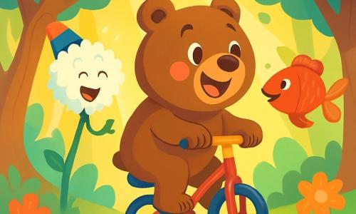 Een bruine beer, genaamd Bob, met een zachte vacht en sprankelende ogen van vreugde, fietst vrolijk op een fiets zonder wielen, terwijl hij boven de grond zweeft. Bob heeft een grote glimlach op zijn gezicht, zijn roze wangen verraden zijn enthousiasme. Naast hem vliegt een kleine goudvis met glanzende schubben door de lucht, haar vinnen bewegen gracieus. Ze kijkt ondeugend en glimlacht terwijl ze Bob aanmoedigt om sneller te gaan. Iets verderop danst een grote paardenbloem met een kleurrijke hoed op één been terwijl ze lacht, haar bloemblaadjes wervelen om haar heen. De achtergrond is een betoverd bos, vol met kromme bomen en kleurrijke bloemen die zachtjes zingen. Zonnestralen stralen door het loof en verlichten de scène met een gouden en warme gloed. De hoofdscene toont Bob, de beer, die samen met zijn vrienden aan het rennen is, lachend en zich vermakend in een speelse en absurde sfeer, omringd door fantastische wezens die vrolijk om hem heen dansen en zweven.