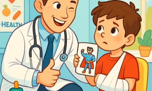 A smiling and warm doctor, Dr. Ben, wears a pristine white coat and a stethoscope around his neck. His eyes sparkle with kindness as he crouches down to the level of an 8-year-old boy, Leo, who has his arm in a sling and a look that is both anxious and curious. Leo, with messy brown hair and a red t-shirt, holds a superhero drawing in his hand. Their conversation takes place in a bright consultation room with pastel blue walls, decorated with colorful health posters and wooden toys scattered on a table. The room is filled with natural light filtering through a large window, creating a welcoming and reassuring atmosphere. The main scene shows Dr. Ben explaining to Leo how he will help heal his injured arm while giving him a friendly wink to reassure him.