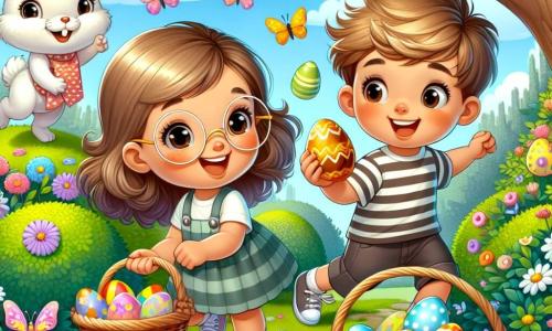 In a sunny garden, three children are on an Easter egg hunt. Mia, a 7-year-old girl with brown hair and round glasses, crouches by a bush, holding a wicker basket filled with colorful eggs. Max, a 6-year-old boy with messy blonde hair, jumps for joy next to her, pointing at a shiny chocolate egg he just found. Liam, an 8-year-old boy with brown hair and a striped t-shirt, stands a bit further away, smiling and looking at a yellow egg on a swing. The garden is filled with colorful flowers, with butterflies fluttering around, and a large tree with bright green foliage. In the center of the image, an adorable rabbit with big ears, white fur, and sparkling eyes seems to guide the children toward a hill where chocolate eggs are hidden. The scene exudes a joyful and festive atmosphere, full of bright colors and children's laughter.