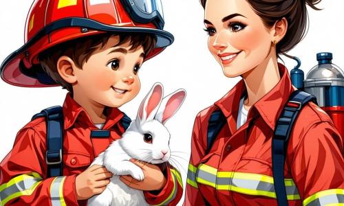 Ein junger Mann, Felix, etwa 10 Jahre alt, trägt ein leuchtend rotes Feuerwehroutfit, einen glänzenden Helm und hat ein entschlossenes Lächeln im Gesicht. Seine Augen funkeln vor Aufregung, während er ein kleines weißes Kaninchen in seinen Armen hält und es zärtlich ansieht. Neben ihm steht eine Feuerwehrfrau, Frau Schmitt, etwa 30 Jahre alt, mit braunen, hochgesteckten Haaren, die ebenfalls ein Feuerwehroutfit trägt. Sie lächelt stolz zu Felix, während sie einen Feuerwehrschlauch hält, bereit, die letzten Flammen zu löschen. Im Hintergrund steht eine kleine Holzgartenhütte, deren Dach teilweise brennt und grauer Rauch in den blauen Himmel aufsteigt. Neugierige Nachbarn stehen im Hintergrund und beobachten die Szene mit besorgten und erleichterten Gesichtsausdrücken. Die Hauptsituation zeigt Felix, der das Kaninchen vor den Flammen rettet, während Frau Schmitt sich darauf vorbereitet, das Feuer zu löschen, was eine Atmosphäre von Abenteuer und Mut schafft.
