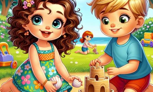 Una bambina di 2 anni, Mia, con grandi occhi brillanti e capelli ricci castani, sorride gioiosamente mentre costruisce un castello di sabbia. Indossa un vestito colorato con motivi floreali ed è seduta sull'erba verde del parco, circondata da giocattoli. Accanto a lei, un bambino di 3 anni, Luca, con capelli biondi e lentiggini, cerca una conchiglia perduta, apparendo preoccupato. Indossa una maglietta blu e pantaloni corti rossi, con le mani immerse nella sabbia. Un'altra bambina di 2 anni, Sara, con capelli lunghi e lisci legati in due codini, sorride e tiene una grande conchiglia, pronta ad aggiungerla al castello. È seduta proprio di fronte a Mia, con gli occhi scintillanti di eccitazione. Il luogo è un parco soleggiato, con alberi verdi sullo sfondo, un cielo blu chiaro e fiori colorati lungo il sentiero. La sabbia dorata del parco brilla al sole, e i bambini giocano in lontananza. La scena principale mostra Mia, Luca e Sara uniti nella loro ricerca per costruire un magnifico castello di sabbia, mentre superano la tristezza di Luca per la conchiglia perduta, illustrando così la forza della loro amicizia.