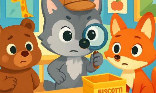 Lupoletto, un piccolo lupo dai peli grigi e dagli occhi pieni di curiosità, si trova al centro della scena con un'espressione determinata. Indossa un piccolo cappello da detective e tiene una lente d'ingrandimento nella zampa. Alla sua destra, Rossa, la volpina con il pelo rosso brillante e le grandi orecchie attente, guarda intorno con aria intrigata, pronta ad aiutarlo nella sua indagine. A sinistra, Bruno, l'orsetto con il pelo marrone e le guance rotonde, sembra un po' preoccupato, ma è deciso a trovare i biscotti scomparsi. La scena si svolge in un'aula colorata, con muri dipinti di blu e manifesti di animali e lettere appesi. Su un banco, è visibile una grande scatola vuota di biscotti al miele, circondata da briciole. Lupoletto e i suoi amici stanno cercando indizi per scoprire chi ha rubato i deliziosi biscotti, con espressioni concentrate sui volti.