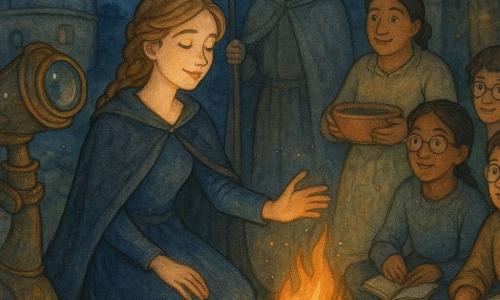 Principessa Eliana, ragazza adolescente di circa 15 anni, seduta vicino a un piccolo focolare di pietra con una fiamma ambrata; capelli castano chiaro intrecciati, abito blu notte semplice e mantello scuro accanto, tende la mano verso le braci. Maestro Occhialungo, personaggio non umano raffigurato come un vecchio telescopio antropomorfo a sinistra, metallo ossidato e lente lucente che sembra sorridere, indica il cielo stellato. Un guardiano del silenzio, uomo di circa 35 anni, in piedi sul retro a destra con lungo soprabito grigio e bastone di legno, sguardo dolce e protettivo; una cuoca di circa 40 anni, a destra con grembiule a fiori e ciotola di terracotta, si avvicina al fuoco a passi misurati. Due apprendisti astronomi, ragazzi e ragazze 12–16 anni, in semicerchio con occhiali tondi e quaderni aperti, con espressioni stupite. Luogo: piccolo rifugio in una radura con cupole di osservatorio consumate sullo sfondo, muri di pietra chiara, tappeto di foglie pallide e luce lunare che attraversa vetri sporchi; atmosfera notturna intima. Situazione: la principessa ha riacceso il 