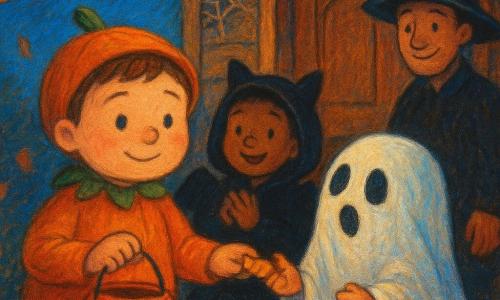 Tommaso, 4 anni, volto rotondo e guance rosate, timido ma generoso, sorride tenendo un secchio-fantasma arancione; indossa un costume zucca con foglia verde sul cappuccio e una stellina di carta in tasca; Lina, sorella di circa 3 anni, con mantello da pipistrello applaude battendo le braccia dietro di lui; un altro bimbo di circa 3 anni con un cappello da fantasma troppo grande lo guarda sorpreso mentre Tommaso gli porge una caramella; il padre con cappello da stregone sorride sullo sfondo tenendo la madre per mano; la scena davanti a una porta di legno con una lanterna zucca accesa e foglie che svolazzano, luce calda che illumina i volti, atmosfera tenera, accogliente e leggermente magica centrata sul gesto di condivisione.
