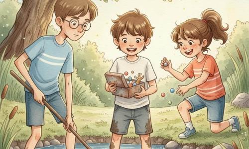 Un niño de 10 años, Lucas, sonriente y asombrado, pelo castaño corto algo despeinado y manchas de barro en las rodillas, sostiene entre las manos una pequeña caja metálica oxidada abierta; a su izquierda, Tomás, de 10 años, alto y delgado con gafas redondas y expresión concentrada, empuja la caja desde la orilla fangosa con un palo largo; a la derecha, Ana, de 10 años, risueña y viva, cabello castaño en coleta y una rodilla en el barro, extiende la mano para alcanzar una canica brillante; escena junto a un pequeño estanque del parque con agua brillante al sol, nenúfares, juncos, orillas de tierra oscura y piedras musgosas, y un viejo roble al fondo que da sombra; los niños han hallado la caja enterrada en el agua y el barro y, al abrirla, aparece un surtido de canicas coloridas y pequeñas figuritas; ambiente ligero y colorido, acuarela en tonos pastel cálidos, textura de papel visible y reflejos blancos de gel sobre las canicas y la superficie del agua.