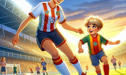 Valentina, una joven atlética con cabello castaño en una coleta, lleva una camiseta de fútbol colorida y un pantalón corto. Tiene una gran sonrisa en el rostro, llena de alegría y determinación, mientras dribla el balón con agilidad en el campo. A su lado, Lucas, un niño de 8 años con cabello rubio desordenado, lleva una camiseta de fútbol grande y un pantalón corto. Está intentando controlar el balón, con los ojos brillantes de emoción y concentración, mientras entrena con su ídolo. El lugar es un amplio campo de fútbol verde, bañado por la luz dorada del sol poniente, con líneas blancas que marcan el terreno y gradas llenas de espectadores entusiastas en el fondo, aplaudiendo y animando a los jugadores. La situación principal muestra a Valentina enseñando a Lucas cómo driblar y pasar el balón, creando un momento mágico de compartir y aprender entre una estrella del fútbol y un joven soñador, ambos inmersos en el amor por el juego.
