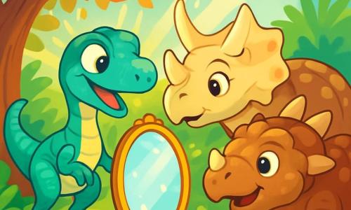 Wielki, zielono-niebieski węgierski dinozaur z ciekawymi oczami i radosnym uśmiechem stoi pod drzewem o wielokolorowych liściach, z zachwytem patrząc na lśniące magiczne lustro. Obok niego stoi samica triceratopsa, Lila, z majestatycznymi rogami i beżową skórą, pochylona do przodu, zaintrygowana lustrem, podczas gdy ankylozaur o imieniu Gromek, z plecami pokrytymi solidnymi płytami i brązowym odcieniem, stoi nieco z tyłu, obserwując z podekscytowaniem. Sceneria to bujna dżungla, pełna dużych zielonych paproci, jaskrawych kwiatów i promieni słońca filtrujących przez gałęzie. Główna sytuacja przedstawia węgierskiego dinozaura odkrywającego magiczne lustro w otoczeniu przyjaciół, wszyscy zafascynowani obietnicą zaczarowanej przygody.
