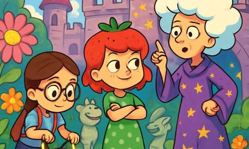 Hay 3 personajes: Amapola, una niña de 8 años con cabello rojo brillante en forma de fresa, vestida con un vestido de lunares verdes y sandalias amarillas, de pie en el centro con los brazos cruzados y una sonrisa traviesa; Rufi, una niña de 9 años con gafas redondas y trenzas castañas, usando muletas mágicas que brillan, a la izquierda de Amapola, buscando algo en su mochila colorida; y La Gran Maga Profetilina, una mujer mayor con cabello blanco en forma de nube, vestida con un vestido morado adornado con estrellas doradas, a la derecha de Amapola, con una expresión seria y un dedo apuntando al cielo, como si explicara algo importante. El lugar es un castillo de cuento de hadas con paredes de piedra brillante, ventanas de vitrales coloridos y un jardín lleno de flores gigantes y estatuas de dragones sonrientes. El cielo es de un azul brillante, salpicado de nubes esponjosas. La situación principal muestra a Amapola y Rufi, perplejas, frente a La Gran Maga Profetilina, quien les anuncia que deben encontrar el Huevo del Dragón Olvidadizo antes de que caiga la noche. Destellos de magia flotan a su alrededor, añadiendo un toque de misterio y humor a la escena.