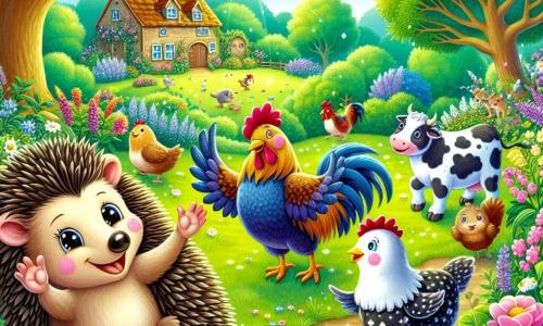 Un riccio di nome Ricciolo, con un pelo marrone e spine morbide, sorride felicemente saltando in un campo verde, circondato da fiori colorati. Sta organizzando una festa con i suoi amici animali, con gli occhi scintillanti di gioia. Accanto a lui, un gallo di nome Gallo, con piume rosse e dorate, balla allegramente, con le ali spiegate, mentre canta con entusiasmo. Più lontano, una mucca di nome Mucca, con un pelo maculato di bianco e nero, si nasconde dietro un grande albero ridendo del suo nascondiglio. Il luogo è un incantevole campo soleggiato, pieno di fiori selvatici, alberi verdi e un cielo blu splendente. Sullo sfondo, si profila una piccola fattoria, aggiungendo un tocco di magia alla scena. La situazione principale mostra Ricciolo e i suoi amici che giocano a nascondino, con risate e gioia nell'aria, creando un'atmosfera festosa e amichevole.