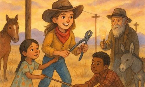 The heroine is a smiling, determined twenty-something cowgirl wearing a wide hat, red bandana and shiny red boots; she holds metal pliers and studies the telegraph wire intently. Maria, a girl of about 10 with braided black hair and a simple floral dress, stands left of the woman near a wooden post, reaching to hold the wire. Tomas, about 12, tanned, in a plaid shirt and worn trousers, kneels right of them pulling a rope to tension the cable. Gus, an elderly man of about 70 with a long gray beard and ragged coat, stands slightly back near a smoking campfire offering a small oil lamp. Patch the bay horse with white markings is in the left background and Pepita the gray donkey with saddlebags in the right background, both calm and watching. The setting is a desert plain at dusk with wooden telegraph poles in a line, yellow dry grasses, purple mountains in the distance and a sky streaked with pink and gold clouds. The main action is repairing the telegraph wire after a storm in a light wind, a cooperative effort with precise gestures — hands tying rope, gleaming metal tools, droplets on hats and flashes of light from the fire and dramatic sky.