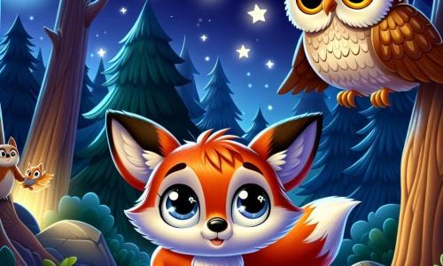 Un vulpix mic numit Roxy, cu blană roșie aprinsă și ochi strălucitori, stă în centrul scenei, privindu-se cu curiozitate și un zâmbet ușor, în timp ce explorează pădurea nocturnă. Lângă el, o bufniță înțeleaptă cu pene maronii și albe, având ochi rotunzi și aurii, zboară ușor, arătând o expresie prietenoasă și încurajatoare, pregătită să-l ajute pe Roxy să-și depășească frica. În fundal, pădurea este iluminată de lumina blândă a lunii, cu copaci măreți și umbre dansante, creând o atmosferă magică și misterioasă. Roxy, puțin ezitant dar hotărât, se aventurează din vizuina sa, pregătit să descopere frumusețea nopții, în timp ce stelele strălucitoare strălucesc deasupra lui, simbolizând speranța și curajul.