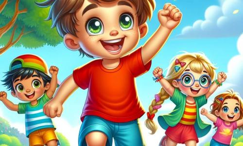 A 6-year-old boy, Max, with messy brown hair and a big joyful smile, stands at the top of a green hill with his arms raised in victory. He wears a bright red t-shirt and blue shorts, and his eyes shine with excitement. Next to him, Emma, a 6-year-old girl with braided blonde hair and round glasses, jumps for joy, her cheeks rosy with happiness. Ben, a 6-year-old boy with black hair and a green cap, stands a bit back, holding a candy in his hand, with a hungry look and a mischievous smile. Lucy, a 6-year-old girl with colorful hair, wears sparkling clips and dances, surrounded by colorful bracelets she just made. The setting is a sunny hill covered in vibrant wildflowers, with a clear blue sky and fluffy white clouds gently floating. At the bottom of the hill, a majestic oak tree stands, providing shade and a place to play. The main scene shows Max and his friends discovering a large colorful chest filled with candy and sparkling treasures, their faces lit up with surprise and joy, ready to share their discovery with laughter and excitement.
