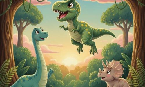A young, small Tyrannosaurus Rex named Tino soars above the treetops, eyes bright and laughing, with textured green skin spotted yellow, tiny winglike arms, rounded legs and a broad tail for balance; Dippy the Diplodocus stands bottom left—tall, gentle, blue‑green long neck—raising a foot in admiration; Tara the Triceratops is on the right on a mossy rock, short horns and a pale pink frill, smiling; the setting is a lush twilight jungle with giant broadleaf trees, hanging vines, shining ferns and a glittering river below, soft pink clouds and golden sunset light caressing Tino's scales; acrylic painting style, vivid colors, visible textures and soft rounded lines for a warm, childlike look.