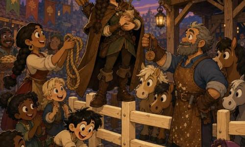 Mira, an adult woman with a proud gentle smile, brown braided hair and bright green eyes, wears a brown leather cloak and worn boots, holds a small sapling called "Promise" against her chest while standing on a newly built wooden palisade; Porrin, a gruff ~50-year-old man with a trimmed gray beard and sawdust-stained apron, stands at the right foot of the palisade offering a small wooden amulet; Lysa, ~30, with braided hair, callused hands and a warm look, stands left near the children offering a braided rope; a cheerful ~8-year-old boy with tousled hair happily strikes a stake with a small wooden hammer near the palisade base; background: eastern stables and market with curious ponies behind the pale boards, uneven cobbles, colorful banners, a distant stone keep under a starry sky and pigeons on a tower; scene: a warm, heroic twilight celebration after finishing the palisade, people smiling and helping, sharing gifts and pies, centered composition with Mira, warm contrasting palette and rounded, fluid rubber-hose style.