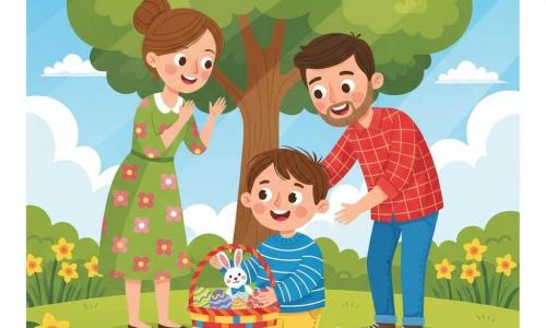 A joyful, wide-eyed 4-year-old boy with tousled brown hair kneels to grasp a large colorful Easter basket; he wears a blue-and-white striped sweater and yellow shorts. To his left, his smiling mother (about 30–35) with chestnut hair in a bun and a green floral dress claps softly, while to his right his caring father (about 30–35) with light beard, red plaid shirt and jeans stands leaning with a hand on the boy’s shoulder. The bright spring garden has green grass, a large round-leaved tree, beds of yellow daffodils and pink tulips, and a blue sky with a few fluffy clouds; sunlight highlights the boy discovering a basket filled with colored eggs, shiny chocolates and a small plush rabbit.
