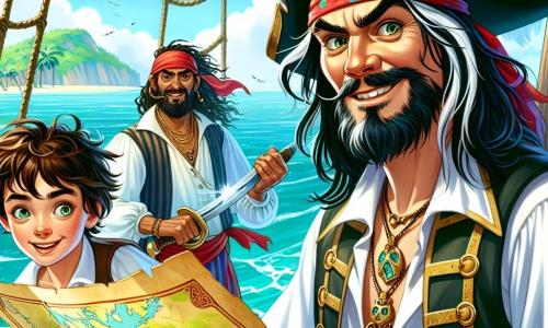 Główny bohater, mężczyzna o imieniu Gustaw, jest piratem z determinowanym spojrzeniem, długimi czarnymi włosami i figlarnym uśmiechem. Nosi kapelusz piracki ozdobiony kolorowymi piórami oraz białą koszulę z złotymi wykończeniami, trzymając mocno mapę skarbów w jednej ręce, co pokazuje jego entuzjazm do przygody. Obok niego stoi młody chłopiec o imieniu Jacek, mający około 10 lat, z kręconymi włosami i czerwonym bandaną, z błyszczącymi oczami pełnymi ekscytacji, gotowy na przygodę. Inny członek załogi, umięśniony mężczyzna w wieku około trzydziestu lat, stoi w tle, trzymając miecz i wyrażając czujność, gotowy bronić swojego kapitana. Scena rozgrywa się na pokładzie statku „Szybka Wrona”, z białymi żaglami wypełnionymi wiatrem i turkusowymi falami uderzającymi o burtę. W tle widać tajemniczą wyspę, pokrytą palmami i mgłą, która wydaje się skrywać sekrety. Główna sytuacja pokazuje Gustawa i Jacka badających mapę skarbów, entuzjastycznie dyskutujących o swojej następnej przygodzie w poszukiwaniu legendarnego Złotego Serca, podczas gdy załoga krząta się wokół nich, tworząc atmosferę ekscytacji i koleżeństwa.