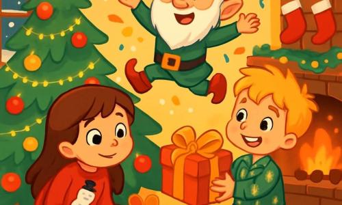Há 3 personagens: - Sofia: uma menina de 6 anos, com longos cabelos castanhos e olhos brilhantes. Ela usa um suéter vermelho com um boneco de neve e meias listradas. Ela está agachada, olhando curiosamente debaixo da árvore de Natal. - Lucas: um menino de 6 anos, com cabelos loiros bagunçados e um sorriso travesso. Ele veste uma camisa verde com estampas natalinas e uma calça azul. Ele está em pé ao lado de Sofia, segurando uma caixa de presente com um grande laço dourado. - O Duende Travesso: um pequeno duende com um chapéu vermelho pontudo e um rosto travesso. Ele tem uma barba branca e usa um traje verde com botões dourados. Ele está pulando alegremente sobre as crianças, cercado de confetes brilhantes. O local é uma aconchegante sala de estar decorada para o Natal, com uma grande árvore iluminada, guirlandas cintilantes e meias penduradas acima da lareira. O chão é coberto por um tapete macio, e flocos de neve caem suavemente do lado de fora pela janela. A situação principal mostra Sofia e Lucas em uma caça aos presentes, procurando debaixo da árvore, enquanto o Duende Travesso, com um sorriso travesso, os observa pulando no ar, deixando para trás um rastro de magia e risos.