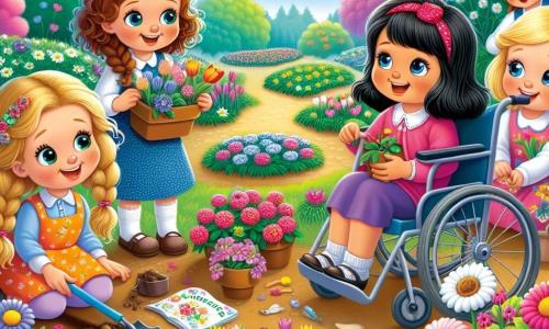 Într-o grădină colorată, patru fete se adună pentru a planta flori. Ana, o fetiță de 8 ani cu părul creț și ochi strălucitori, se află în centru, ținând o mică lopată. La dreapta ei, Maria, tot de 8 ani, cu părul blond împletit și un zâmbet radiant, ține un ghiveci cu flori. La stânga, Ioana, o altă fetiță de 8 ani cu părul drept și negru, privește cu curiozitate un plic cu semințe. În final, Elena, o fetiță de 9 ani în scaun cu rotile, zâmbește fericită ținând un panou din lemn decorat cu desene de flori. Scena are loc într-o grădină însorită, plină de flori colorate, cu un cer albastru și nori pufoși. Fetele lucrează cu bucurie la plantarea semințelor, râzând și împărtășind idei despre florile pe care le vor crește, creând un moment magic de camaraderie și bucurie de primăvară.