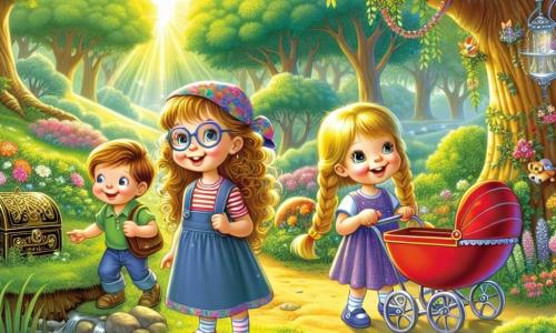 Drie kleine meisjes zijn op avontuur in een zonnig park. Anna, een 7-jarig meisje met krullend haar en een bril, zit enthousiast in haar mooie rode kinderwagen. Naast haar leunt Lotte, een 8-jarig meisje met lange blonde vlechten, nieuwsgierig naar een grote boom. Tot slot staat Mia, een 7-jarig meisje met bruin haar en een kleurrijke pet, op een kleine heuvel en wijst naar een glinsterend voorwerp in de verte. Het park is vol weelderig groen, met majestueuze bomen en kleurrijke bloemen die dansen in de zachte wind. Op de achtergrond glinstert een klein beekje en vogels zingen vrolijk in de takken. De kleine avonturiers ontdekken een oude, roestige ijzeren doos, verborgen onder bladeren, en staan te popelen om de 