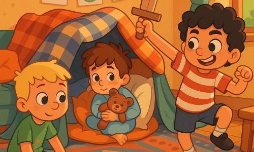 Drie jongens van 6 jaar: Sam met warrig kastanjebruin haar en een wat bleke, rossige teint ligt in een dekenfort in de woonkamer met zijn teddy tegen de borst; Bas met kort blond haar en grote nieuwsgierige ogen zit links en tekent een grote kleurrijke draak; Finn met krullend zwart haar en een guitige glimlach staat rechts en doet een grappig dansje met een kartonnen zwaard. De warme, lichte woonkamer heeft een groot patroonkleed, houten salontafel, kleurrijke kussens, kindertekeningen aan de muur en een open raam dat zacht zonlicht binnenlaat; de dekenfort is gemaakt van geruite dekbedden en zachte kussens. Drie vrienden blijven binnen om voor zieke Sam te zorgen in een troostende, speelse sfeer met warme kleuren, zachte schaduwen en attente, glimlachende uitdrukkingen.