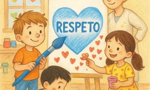 Un niño de 6 años, aliviado y orgulloso, cabello castaño claro despeinado, con manchas de pintura en los dedos y la nariz, sostiene un gran pincel azul y dibuja el contorno de un corazón azul en una gran cartulina blanca; a su derecha Luna, una niña de 5–6 años, alegre, cabello castaño en dos coletas y vestido de lunares, sostiene un frasco de purpurina rosa y añade pequeños corazones rojos alrededor; a la izquierda Mateo, niño de 6 años, concentrado, cabello negro corto y mancha de pintura roja en la mejilla, agachado dibuja un borde negro fino alrededor; la maestra —seño Clara—, mujer rubia con moño y bata clara algo manchada, sonriente y serena, guía al grupo desde atrás junto a una mesa con botes de pintura; la clase es luminosa, mesa de madera con botes coloridos, corazones recortados pegados en la ventana, guirnalda roja, suelo con pequeñas manchas y un bote de purpurina volcado; la escena muestra cuando una gran mancha azul se transforma en un corazón protector alrededor de la palabra RESPETO, con niños trabajando juntos en un ambiente cálido y colores vivos.