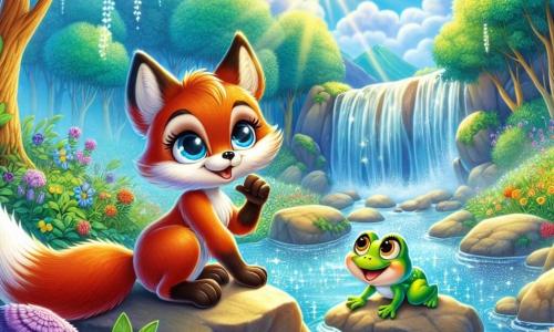 Zorrito, un zorro de pelaje dorado brillante como el sol, está al borde de un arroyo, con sus ojos curiosos brillando de emoción y determinación. Observa atentamente la superficie del agua, reflexionando sobre la verdad, con una expresión de concentración en su rostro. A su lado, Rani, una pequeña rana verde de ojos traviesos, está posada sobre una piedra, sonriendo y lista para hacer una pregunta. El paisaje es un hermoso bosque, con árboles majestuosos, flores coloridas que bailan al viento y un cielo azul con nubes blancas. El arroyo brilla bajo el sol, creando un reflejo mágico. Zorrito se prepara para responder a la pregunta de Rani sobre la verdad, simbolizando su búsqueda de sabiduría en este mundo encantador.