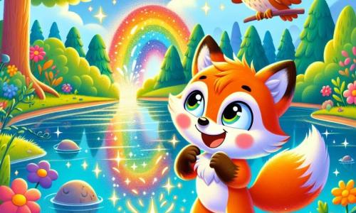 Felix the fox, a small orange fox with sparkling eyes and a fluffy tail, stands by a magical lake, joyfully smiling. He holds a shiny little pebble in his front paw, gazing at the sparkling water in wonder. Ollie the owl, a soft-feathered owl with wise big eyes, perches on a nearby tree branch, hooting happily and watching Felix with pride. The scene depicts a beautiful rainbow-colored lake surrounded by colorful flowers and tall green trees, under a clear blue sky dotted with fluffy white clouds. The main situation shows Felix and Ollie celebrating their discovery of the magical lake, with bursts of light and colorful reflections in the water, creating a joyful and enchanted atmosphere.