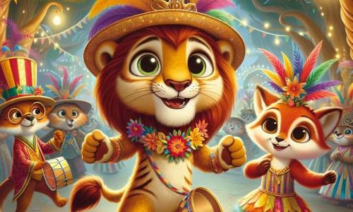 Un giovane leone dal manto dorato, di nome Leo, balla con entusiasmo in mezzo a una folla colorata, il suo viso radioso di gioia ed eccitazione. Indossa un cappello a righe multicolori e una collana di fiori, i suoi occhi brillanti riflettono lo stupore del carnevale. Accanto a lui, Clara, una volpe dai capelli rossi brillanti, sorride teneramente, vestita con un abito di piume colorate. Applaude a ritmo, i suoi occhi scintillanti di felicità, mentre si muove con grazia. Un po' più in là, Rocco, un saggio gufo dalle piume marroni, osserva la scena da un ramo. Indossa piccole occhiali rotondi e mostra un sorriso divertito, i suoi occhi rotondi brillanti di malizia, mentre tiene un piccolo tamburo. Il luogo è un villaggio incantato, illuminato, con alberi dai tronchi contorti e fiori giganti che danzano al ritmo della musica. La scena principale mostra Leo e i suoi amici che si divertono insieme in una parata di carnevale, circondati da animali in costume, in un'atmosfera festosa piena di musica, risate e colori vivaci.