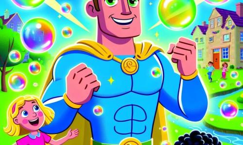 Un supereroe uomo, chiamato Gigante Buono, si trova al centro dell'immagine, con un grande sorriso e occhi brillanti di determinazione. È alto e muscoloso, indossa una t-shirt blu vivace e pantaloni verdi, con capelli ricci e un mantello che fluttua dietro di lui. Alla sua destra, Super Bolla, una ragazza di circa 8 anni, crea bolle colorate che fluttuano intorno a loro. Ha capelli biondi e un vestito rosa, e ride gioiosamente guardando le bolle. Alla sua sinistra, Lampo, un ragazzo di 7 anni, corre rapidamente, con i capelli neri che volano nel vento, indossando un abbigliamento giallo con fulmini disegnati sulla t-shirt. La scena si svolge in una città gioiosa, con case colorate, alberi verdi e un cielo blu punteggiato di nuvole bianche. Sullo sfondo, si vede una grande nuvola scura, Malefica, che sembra triste, mentre raggi di sole iniziano a filtrare. La situazione principale mostra Gigante Buono e i suoi amici, Super Bolla e Lampo, che si avvicinano a Malefica per offrirle la loro amicizia e portare gioia nella città.