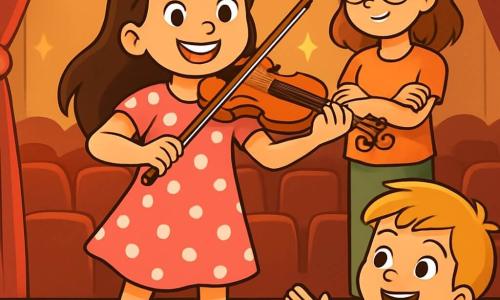 Una ragazza di 10 anni, Sofia, con lunghi capelli castani e occhi brillanti di determinazione, è in piedi su un palco di legno, tenendo un violino. Indossa un vestito rosa a pois bianchi e mostra un grande sorriso, esprimendo fiducia e gioia. Accanto a lei, sua sorella Marta, di 12 anni, con capelli castani e occhiali rotondi, la incoraggia con uno sguardo fiero, le braccia incrociate, rimanendo leggermente in disparte. Sotto il palco, il suo amico Marco, un ragazzo di 10 anni con capelli biondi e una maglietta blu, applaude con entusiasmo, gli occhi brillanti di ammirazione. Il luogo è un auditorium accogliente, con sedili in velluto rosso e luci scintillanti che illuminano il palco. La scena principale mostra Sofia che suona con passione, circondata da un pubblico affascinato, mentre supera la sua paura e abbraccia la sua fiducia in se stessa.