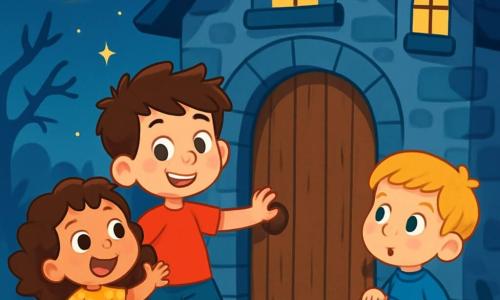 Hay 3 personajes: - Marcos: un niño de 5 años y medio, con cabello castaño desordenado y una camiseta roja. Está de pie, sonriendo, con una mano en la puerta de la casa misteriosa. - Elisa: una niña de 5 años, con cabello rizado y un vestido amarillo con lunares. Está al lado de Marcos, saltando de emoción, con los ojos brillantes. - Paco: un niño de 4 años y tres cuartos, con cabello rubio y un suéter azul. Está un poco atrás, sosteniendo una pequeña bolsa de caramelos, con una expresión curiosa. El lugar es una vieja casa de estilo gótico, con paredes de piedra gris, ventanas en forma de ojos y una puerta de madera maciza que chirría. El jardín está cubierto de hojas muertas y calabazas sonrientes, iluminadas por la luz de la luna. La situación principal muestra a los niños frente a la puerta de la casa, listos para entrar en un mundo mágico y misterioso, rodeados de decoraciones de Halloween, con sombras danzantes y estrellas brillantes en el cielo nocturno.